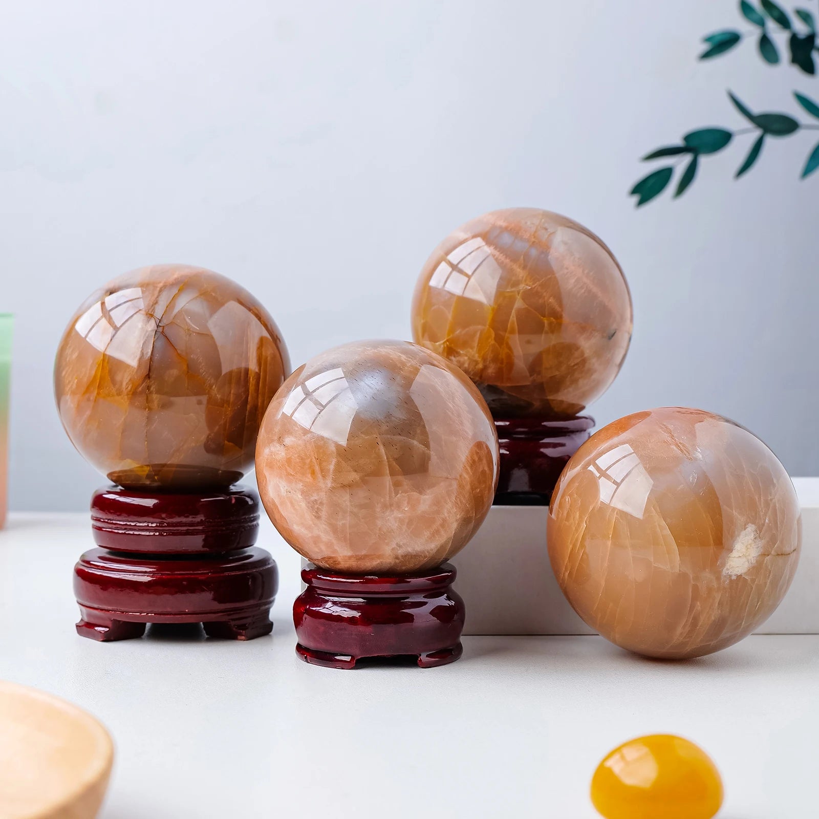 1PC Natural Crystal Orange Moonstone Ball Healing Crystals Sphere with Decorative Wooden Stand Fengshui Ornaments