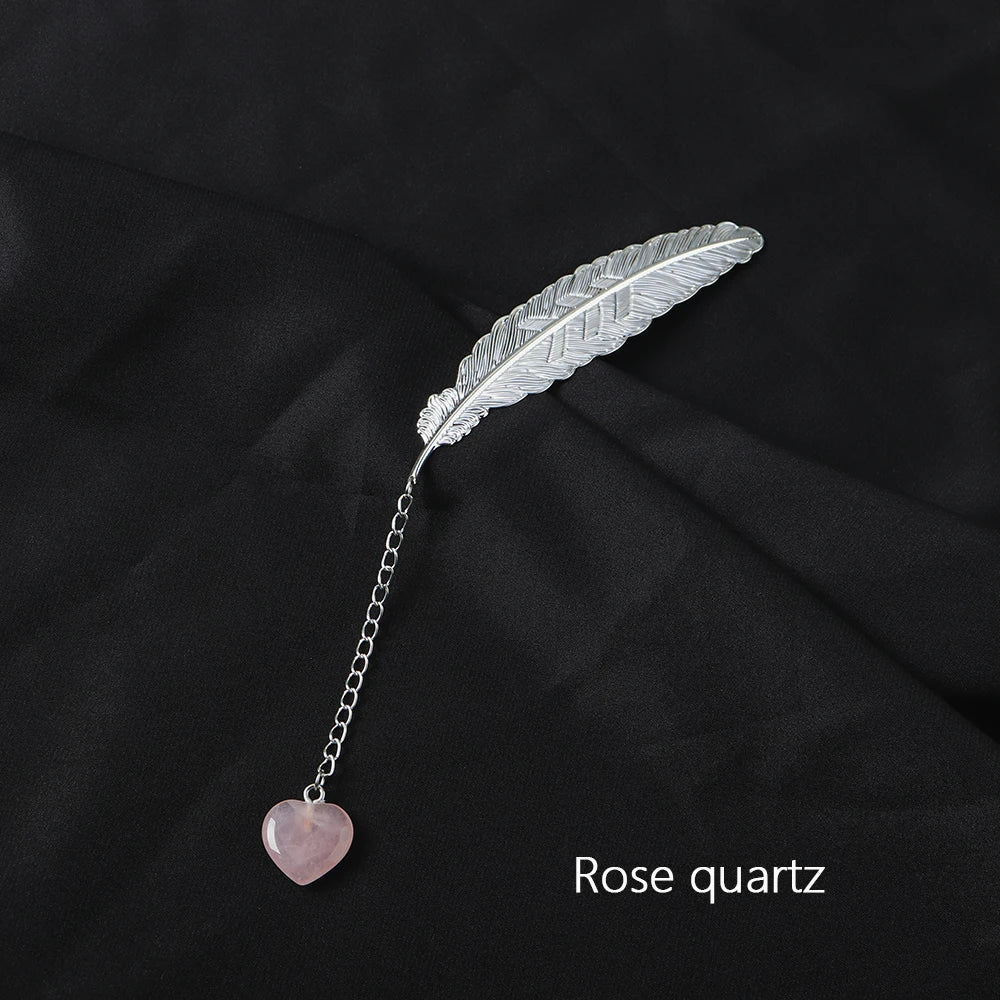 Stylish Natural Crystal Heart Feather Bookmark Pink Clear Quartz Creative Pendant Metal Bookmark Office Decor Stationery Gift