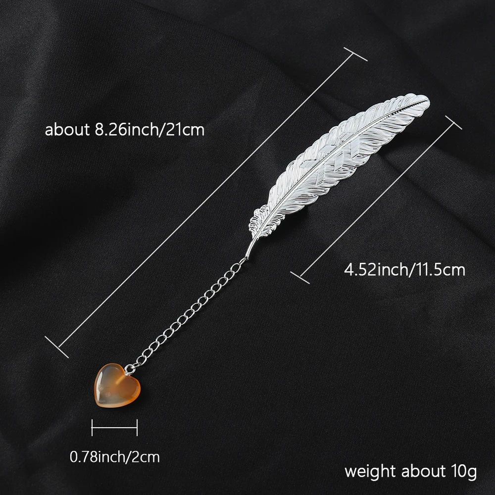 Stylish Natural Crystal Heart Feather Bookmark Pink Clear Quartz Creative Pendant Metal Bookmark Office Decor Stationery Gift