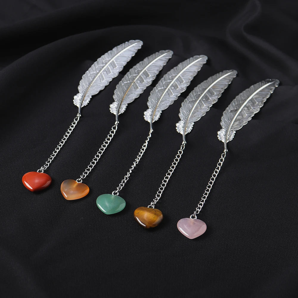 Stylish Natural Crystal Heart Feather Bookmark Pink Clear Quartz Creative Pendant Metal Bookmark Office Decor Stationery Gift