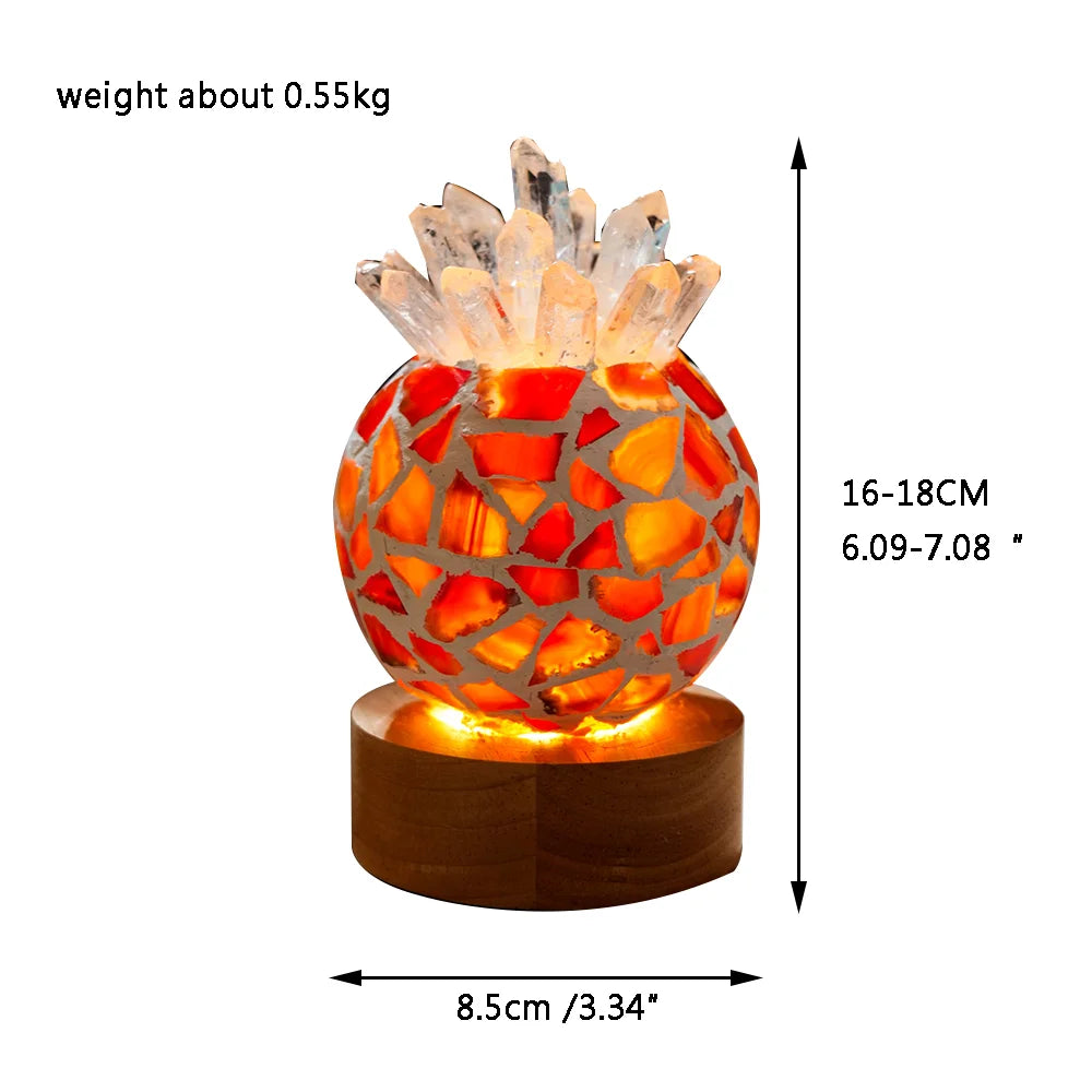 USB Natural Clear Quartz Pineapple shape Agate slice Crystal lamp Rock Table Lamp for Gifts LED Bulb and Real Rubber Wood Base