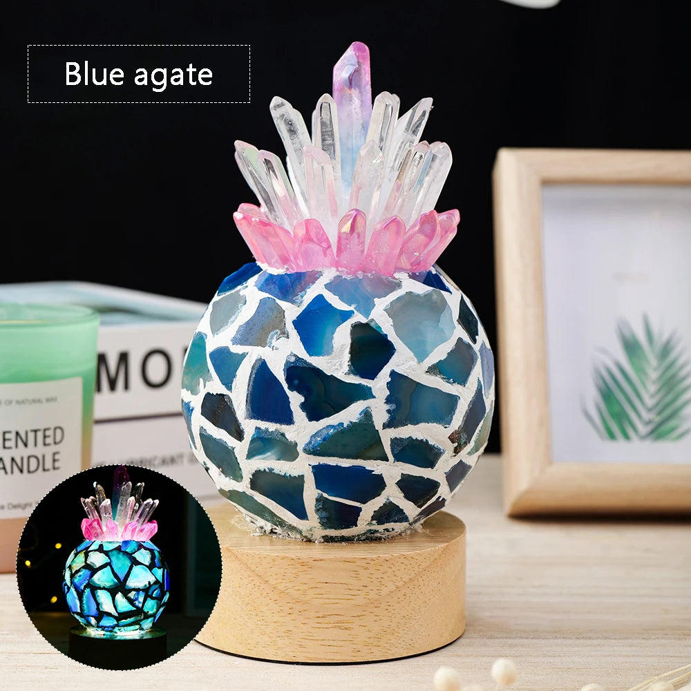 USB Natural Clear Quartz Pineapple shape Agate slice Crystal lamp Rock Table Lamp for Gifts LED Bulb and Real Rubber Wood Base