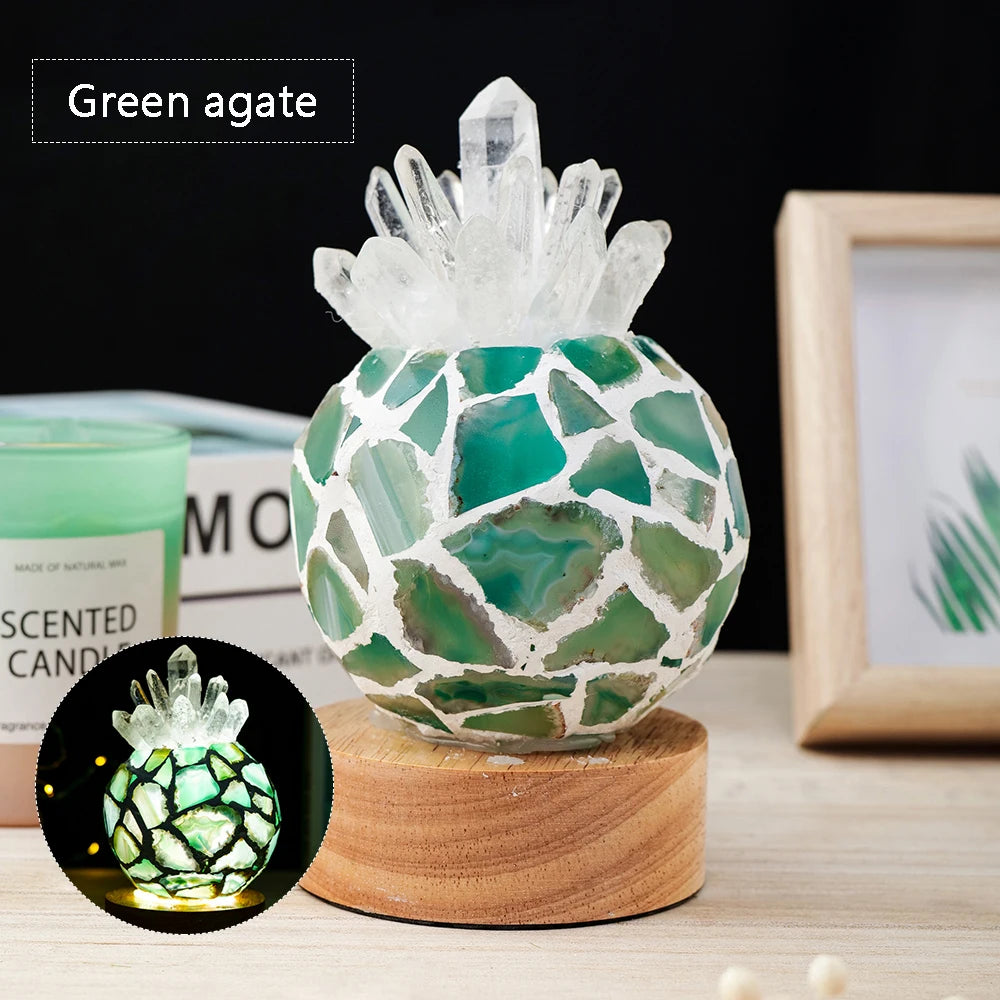 USB Natural Clear Quartz Pineapple shape Agate slice Crystal lamp Rock Table Lamp for Gifts LED Bulb and Real Rubber Wood Base