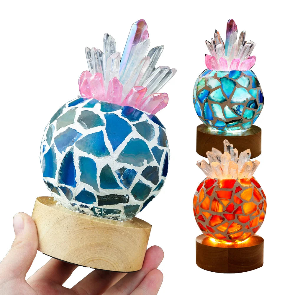 USB Natural Clear Quartz Pineapple shape Agate slice Crystal lamp Rock Table Lamp for Gifts LED Bulb and Real Rubber Wood Base