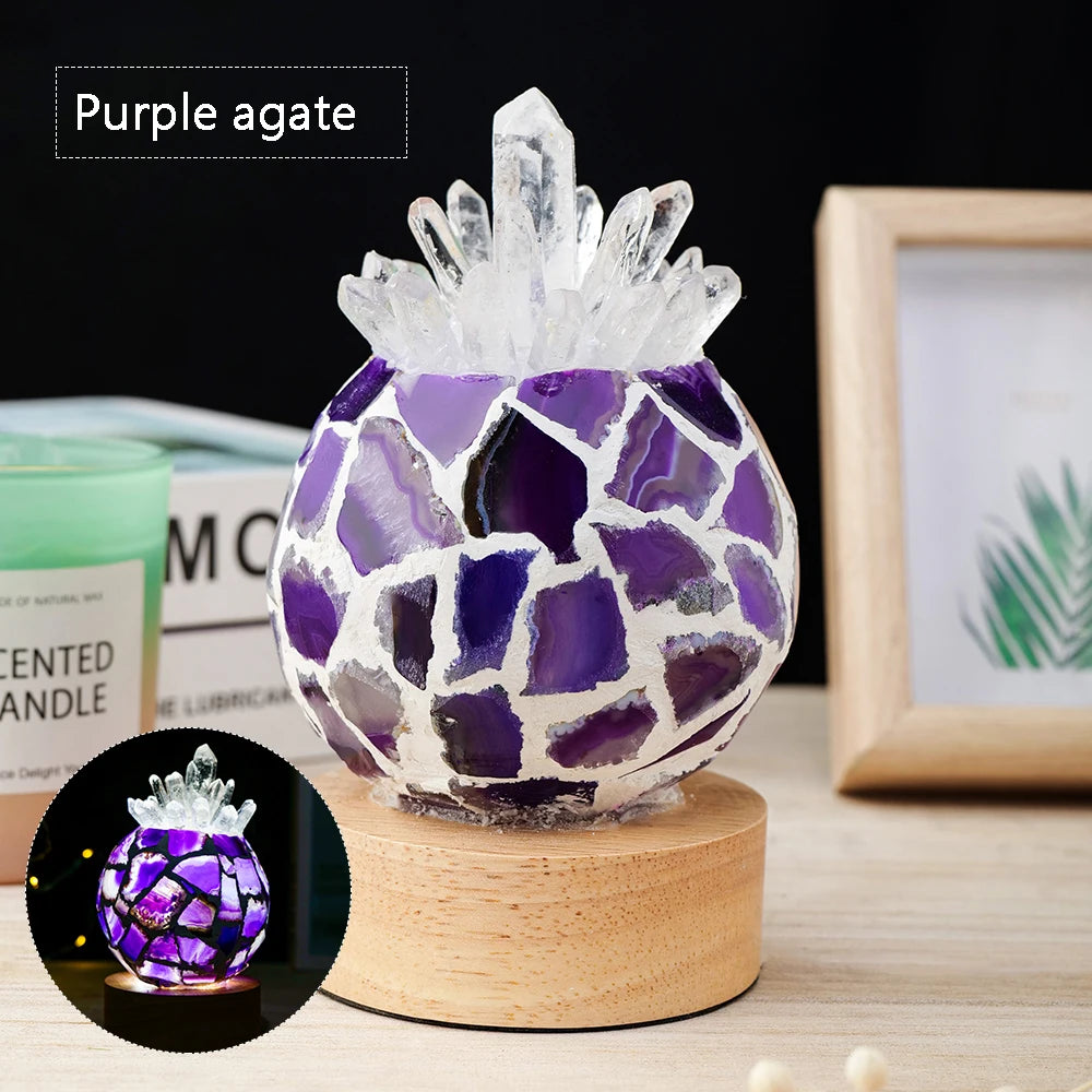 USB Natural Clear Quartz Pineapple shape Agate slice Crystal lamp Rock Table Lamp for Gifts LED Bulb and Real Rubber Wood Base