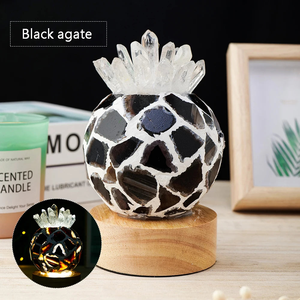 USB Natural Clear Quartz Pineapple shape Agate slice Crystal lamp Rock Table Lamp for Gifts LED Bulb and Real Rubber Wood Base