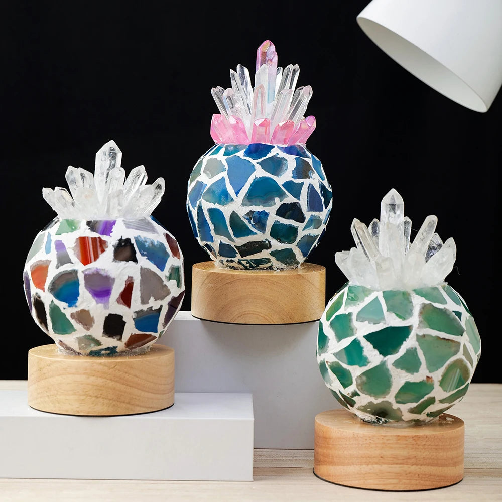 USB Natural Clear Quartz Pineapple shape Agate slice Crystal lamp Rock Table Lamp for Gifts LED Bulb and Real Rubber Wood Base