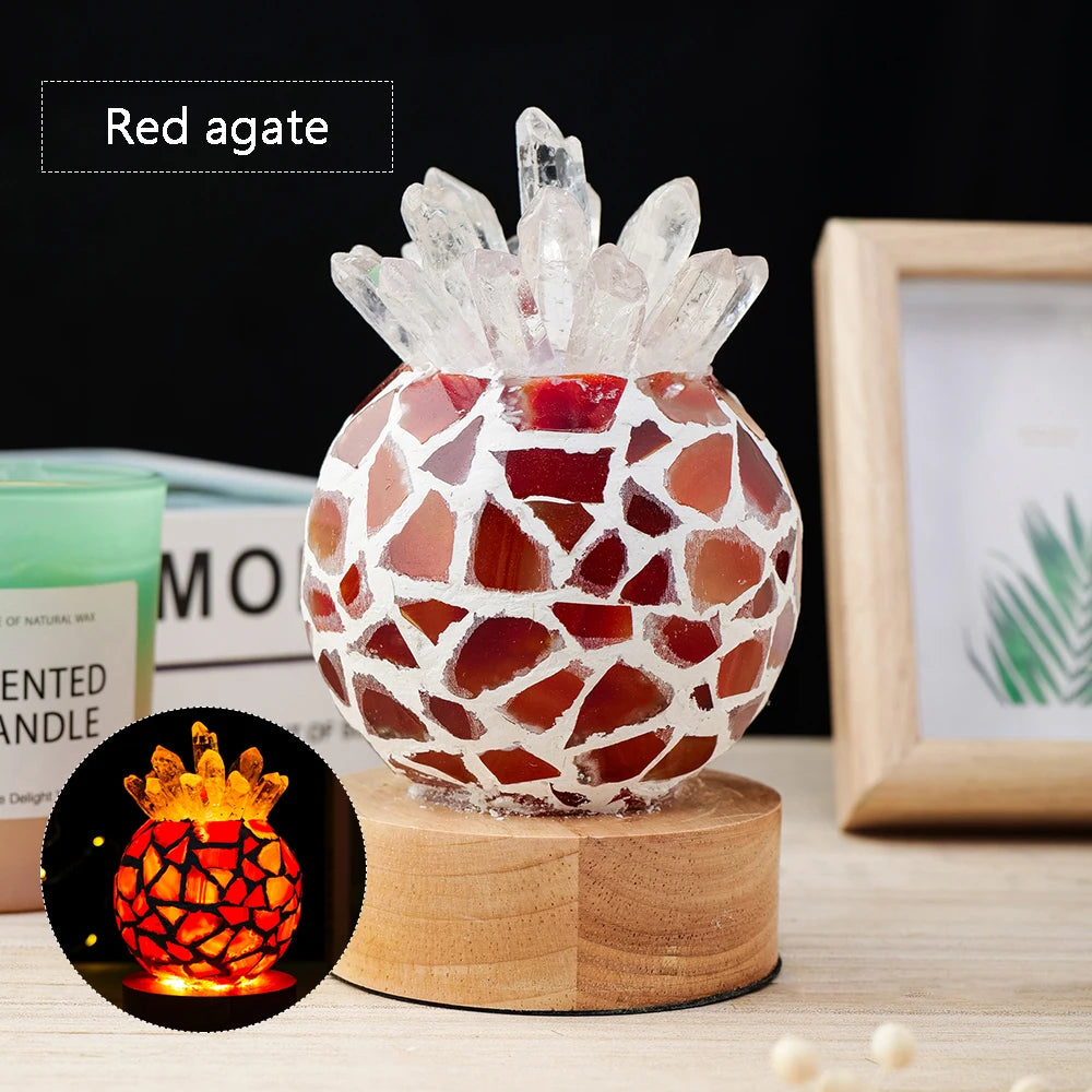 USB Natural Clear Quartz Pineapple shape Agate slice Crystal lamp Rock Table Lamp for Gifts LED Bulb and Real Rubber Wood Base