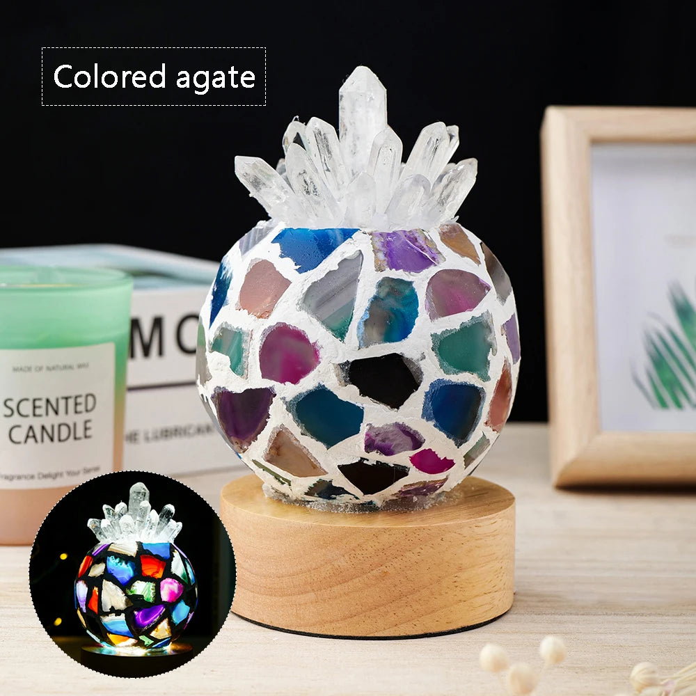 USB Natural Clear Quartz Pineapple shape Agate slice Crystal lamp Rock Table Lamp for Gifts LED Bulb and Real Rubber Wood Base