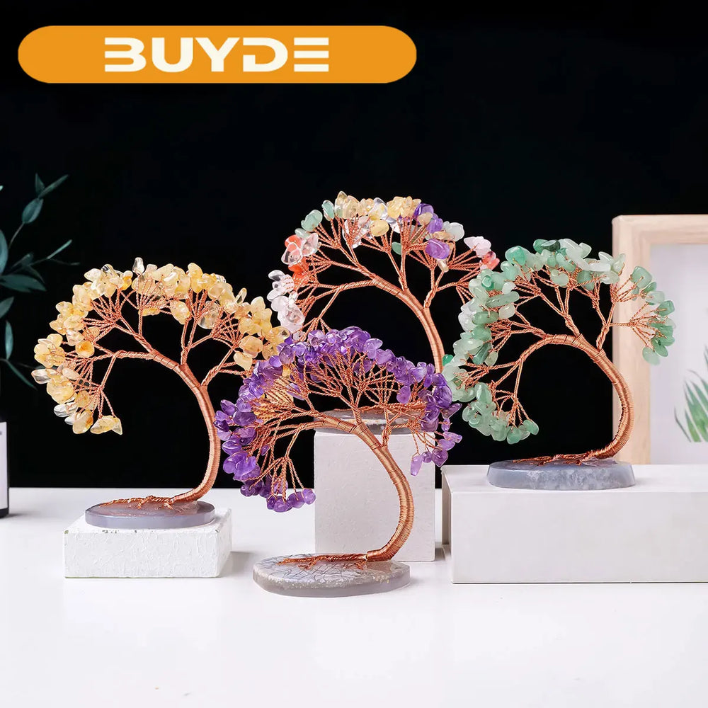 1PC Natural Crystal Lucky Tree Copper Wire Winding Amethyst Gravel With Agate Slice Base Home Decoration Money Trees