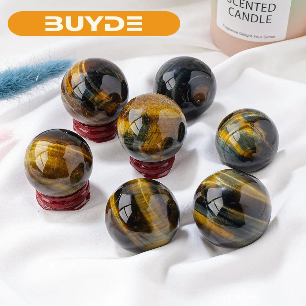 1pc Natural Gemstones Blue Tiger Eye Crysal Sphere Magic Ball With Wooden Base Home Decoration Reiki Wicca Chakra Stones