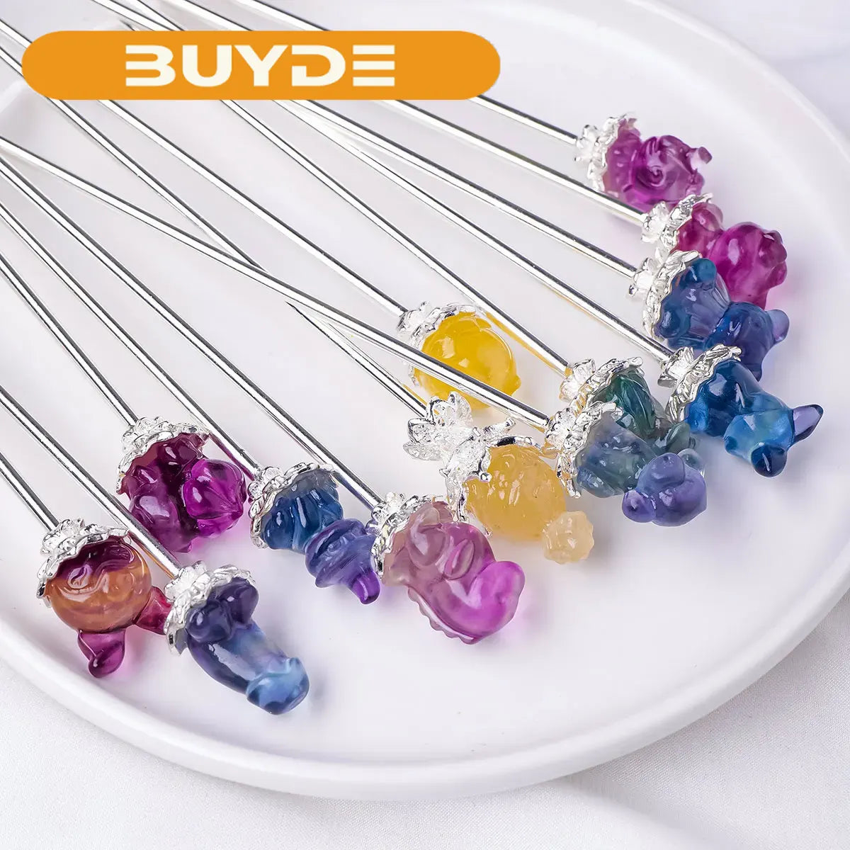 1pc Natural Gemstone Colorful Fluorite Cartoon Animal Sculptures Hairpin Crystal Barrettes Headwear Hair Accessories