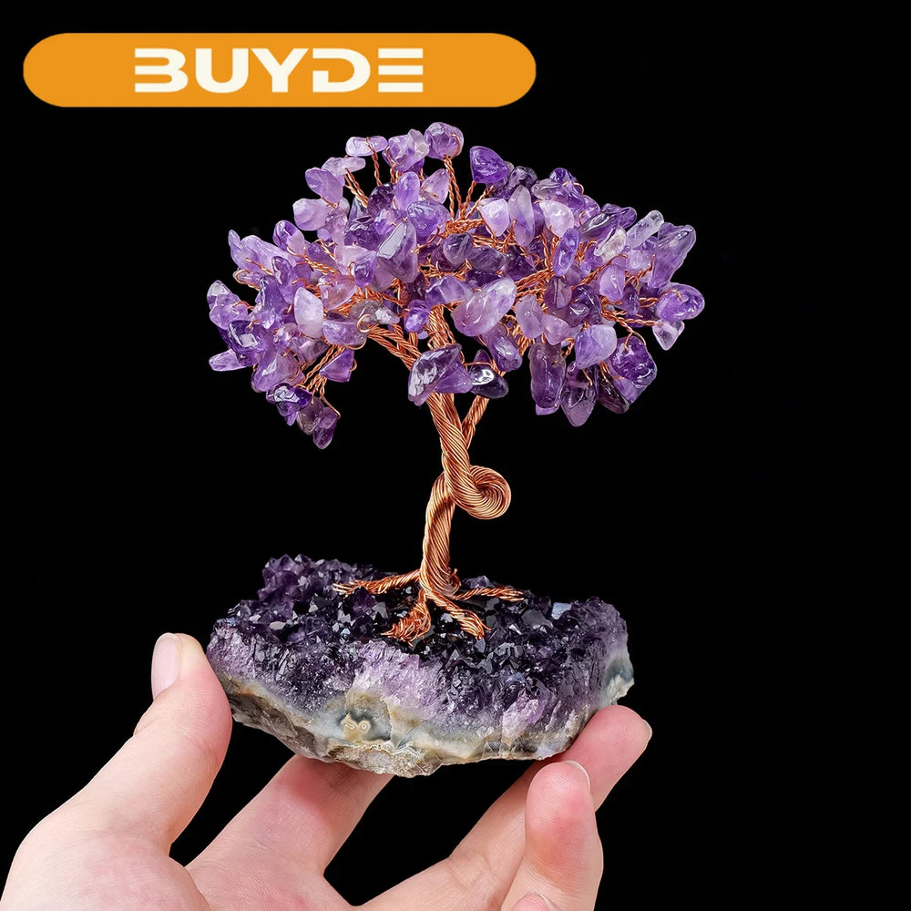 1PC Natural Crystal Lucky Tree Copper Winding Amethyst Cluster Base Energy Collection Home Decoration Money Tree