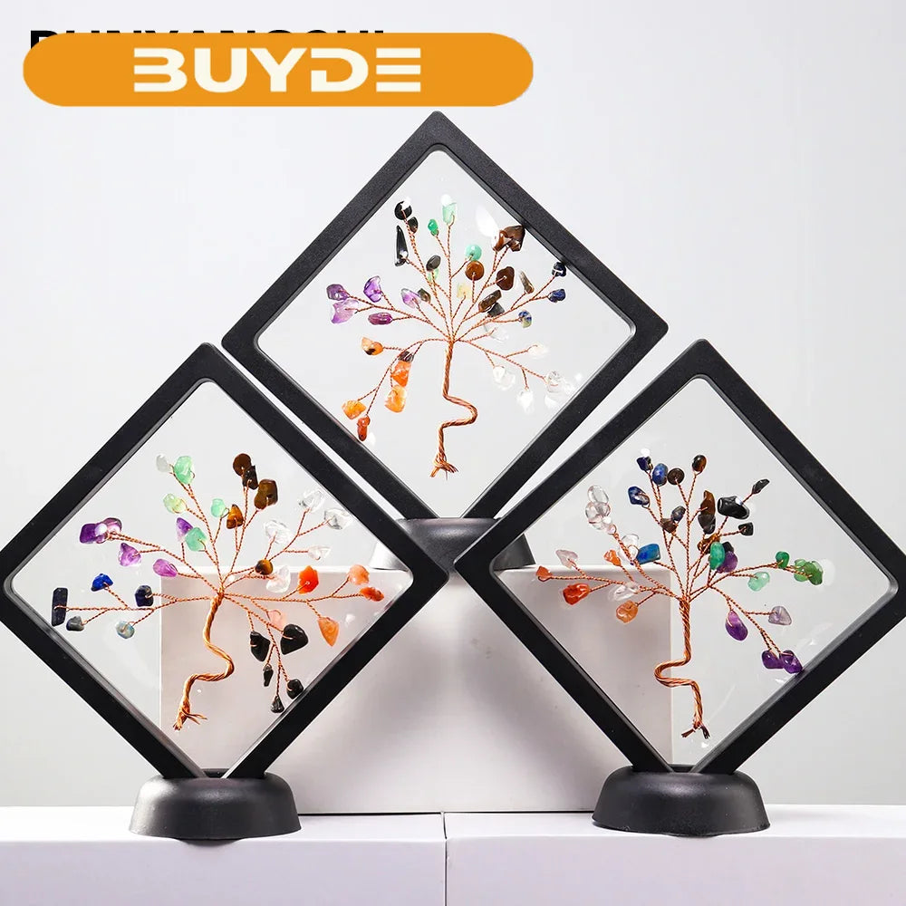 Natural Reiki Gemstones Lucky Tree Ornaments 7Chakra Tree Of Life Crystal Gravels Black Frame Fengshui Crafts Home Decor Gifts