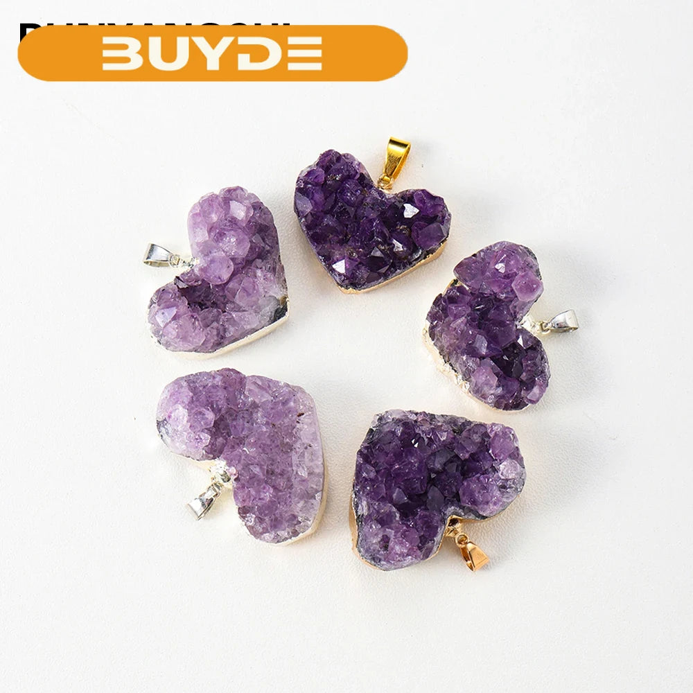 1pc Natural Healing Gemstones Pendant Electroplated Gold Edge Amethyst Heart Shape Necklace Charm Quartz Women Jewelry Gift