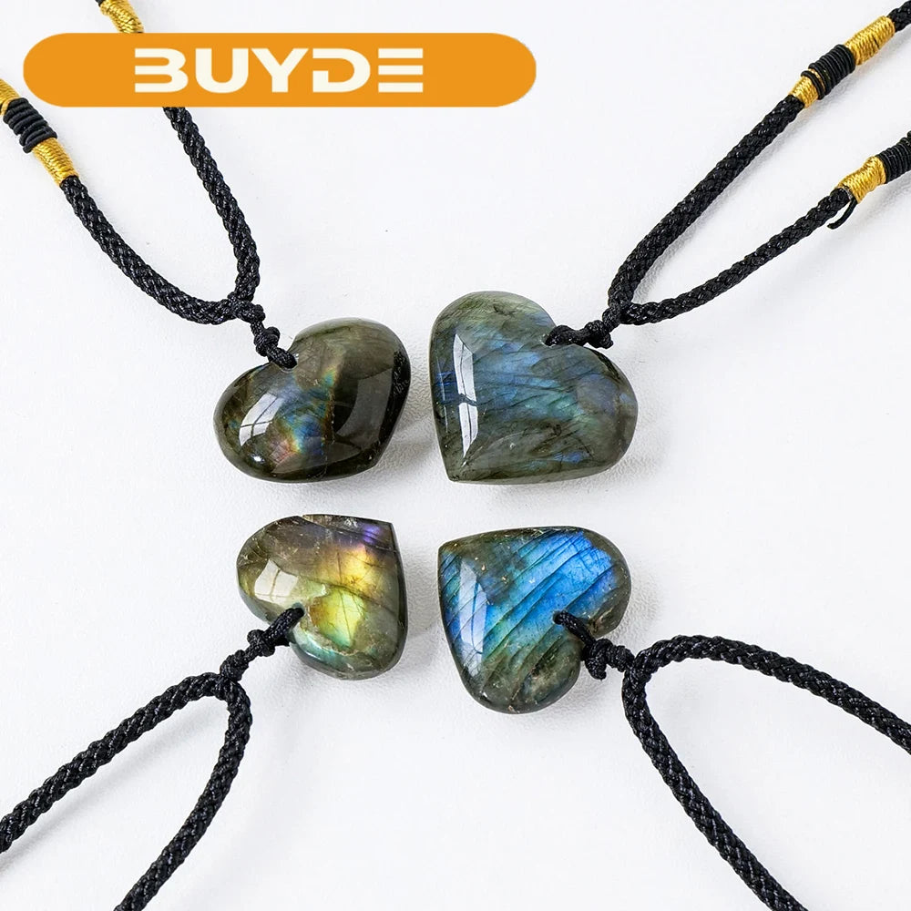 Natural Stone Pendants Heart Shape Labradorite Crystal Blue Moonstone Charms for Jewelry Making Necklace