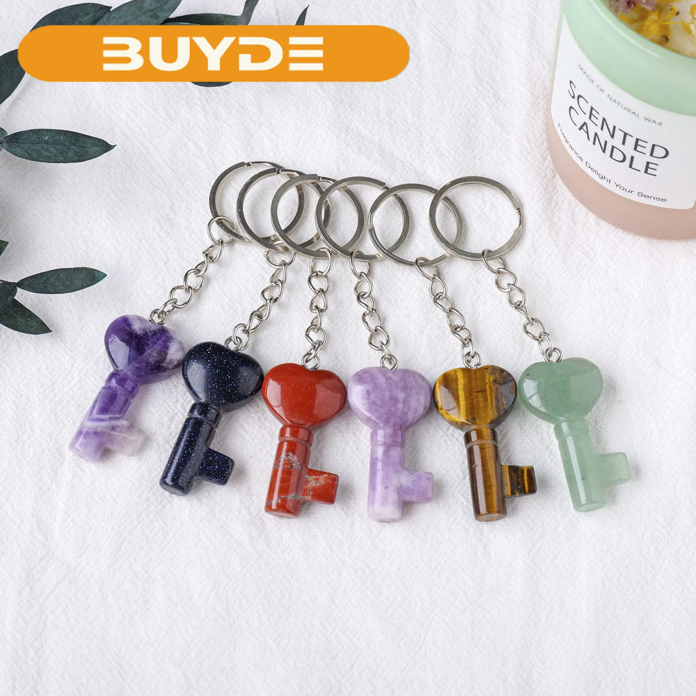 1PC Natural Crystal Stone Rose Quartz Heart Key Gem Crafts Crystal keychain Stainless Steel Handbag Decor Accessory