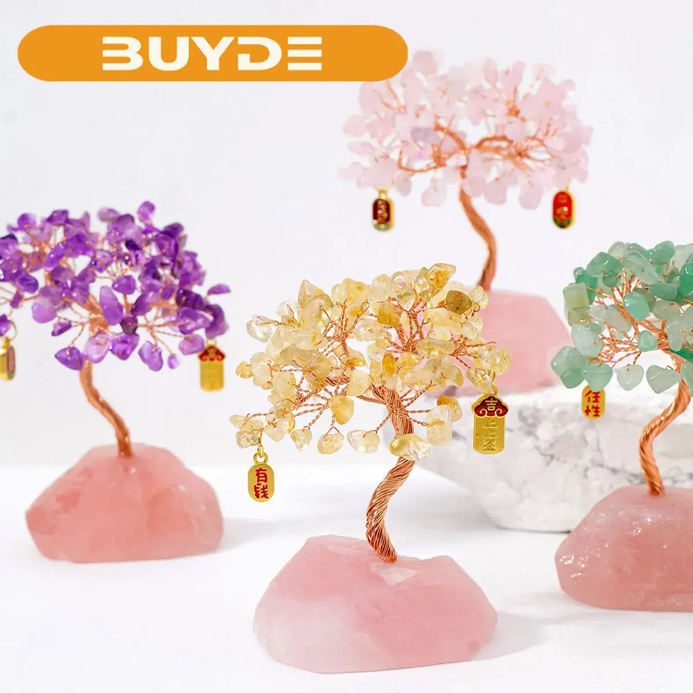 1PC Natural Gemstone Crystal Lucky Tree irregular Rose Quartz Base Home Office Desk Living Room Crystal Decor Garden Decoration