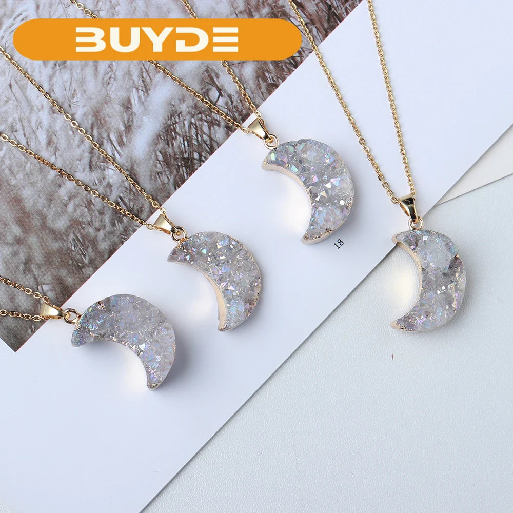 Natural Crystal plating AB color cluster 18K Gold White Moon Pendant healing stone Jewelry Necklace for woman gifts