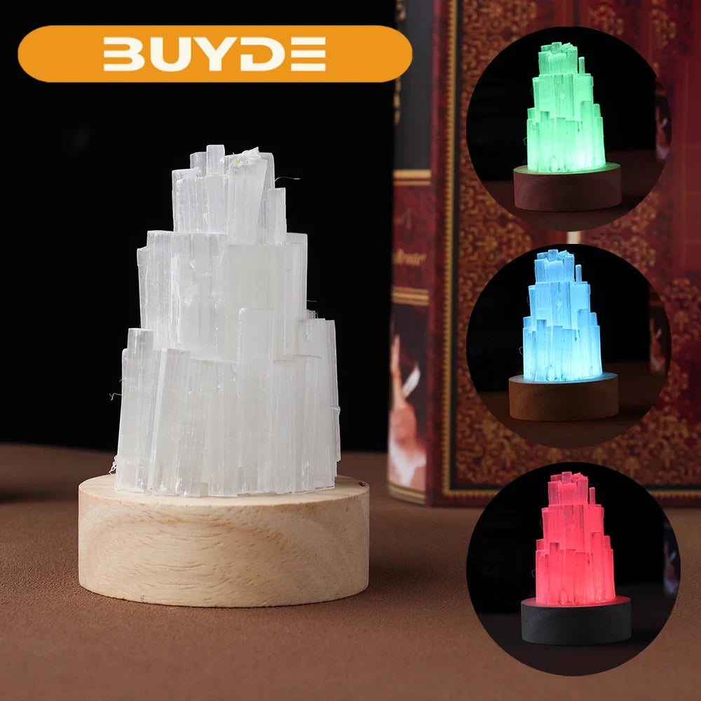 1pc Natural Selenite Lamp Degaussing Energy Atmosphere Table Lamp Rainbow Light Quartz Decoration