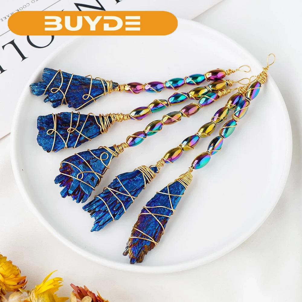 Natural Crystal Broom Black Tourmaline Aura Blaze Blue Feather Shape DIY Sweeper Witchcraft Ornaments