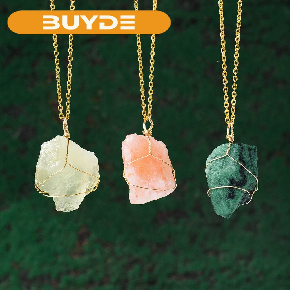 1PC Natural Stone Raw Ore Green Fluorite Rose Quartz Gemstone Pendant Rough Necklace Jewelry Accessories