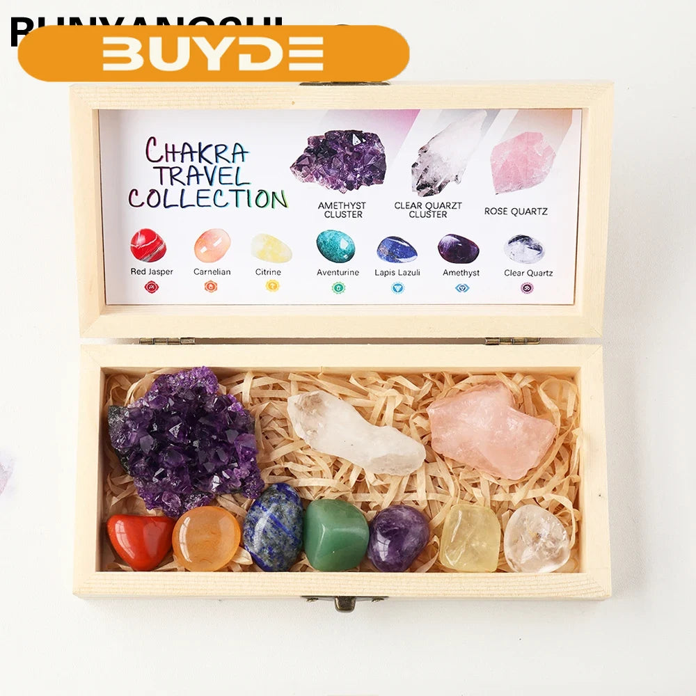 Natural Healing Crystal Set Amethyst Cluster Carnelian Rose Quartz Rough Stone Wooden Box Set For Witchcraft Supplies Home Decor