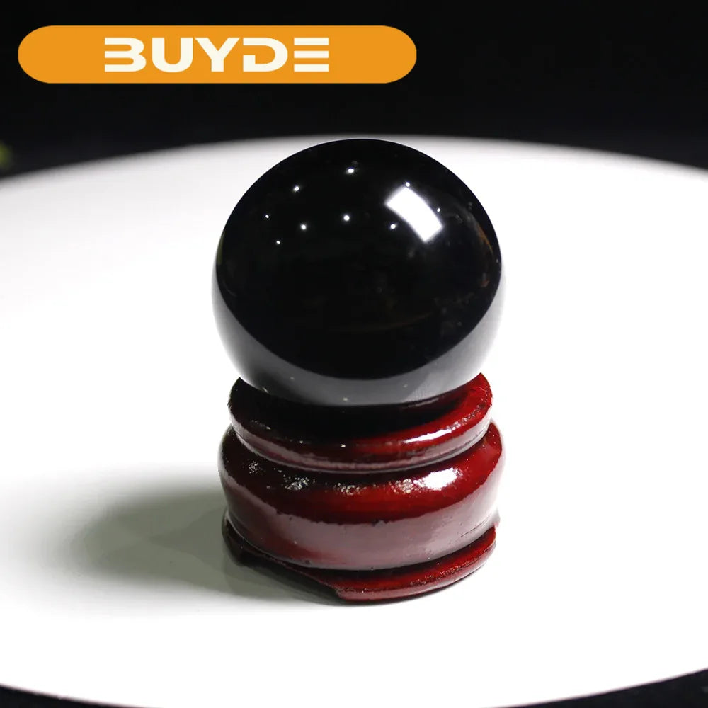 Buyde 25-35mm Natural Black Obsidian Sphere Crystal Ball Healing Stone With Stand Home Office Table Ornaments Holiday Gifts