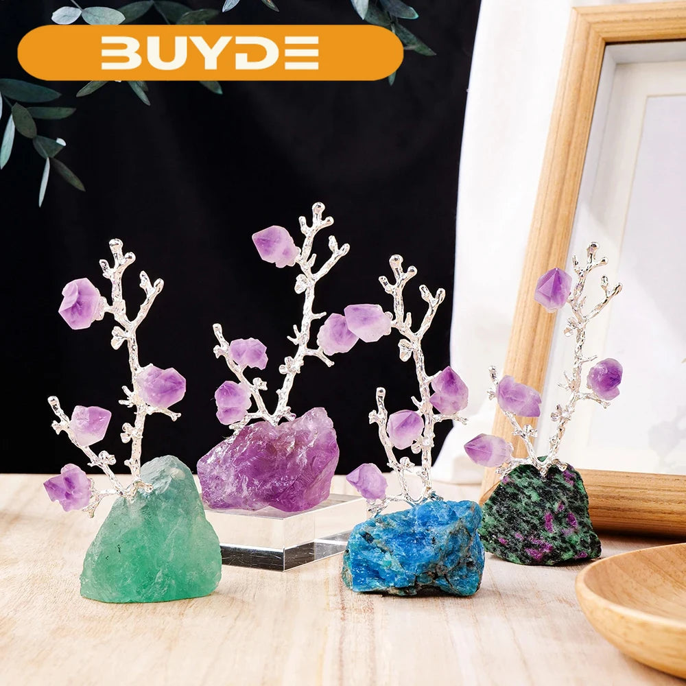 Natural Crystal Tree Amethyst Flowers Healing Raw Stone Base Gem Bonsai Money Tree For Home Office Table Decor Wealth and Luck