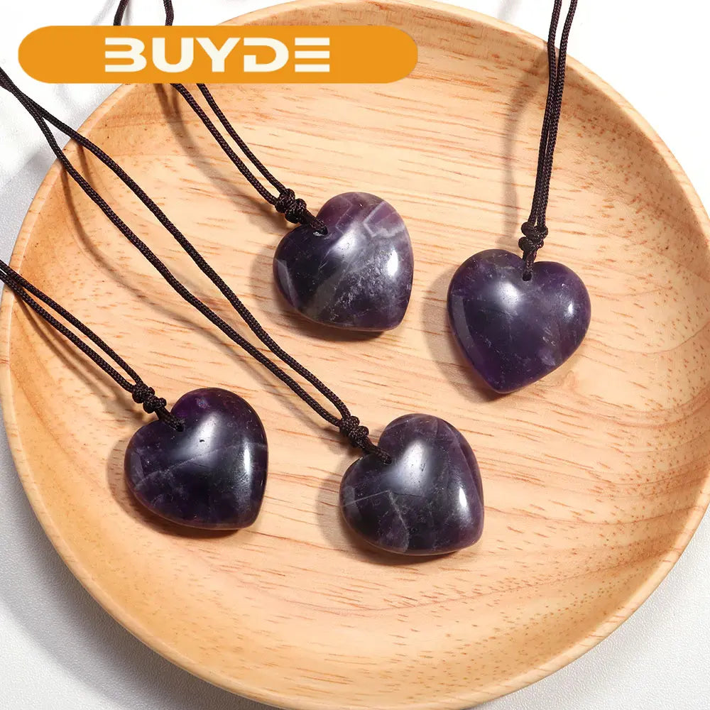 1PC Natural Amethyst Gemstone Heart Shape Pendant Love Shape Energy Necklace jewelry Reiki Beloved Female Mom Mother's Day