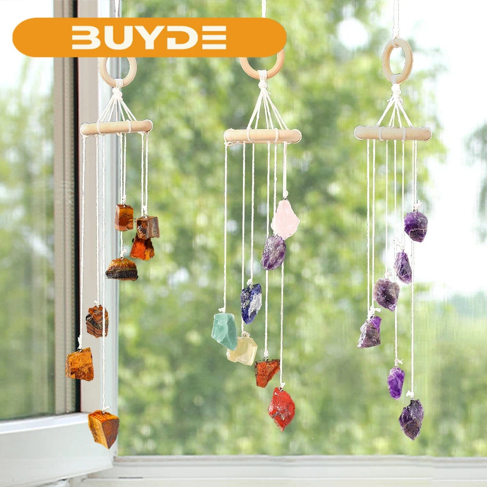 Buyde Natural Crystal Stone Wind Chime Rough Raw Quartz Hanging Pendant Window Ornament Healing Home Decoration