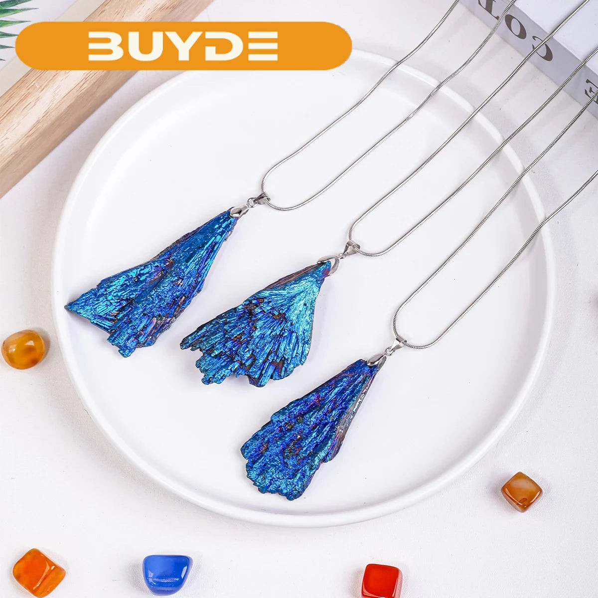 1PC Natural Stones Tourmaline Aura Blue Flame Irregular Feather Shape Healing Crystal Pendant Necklace for Women