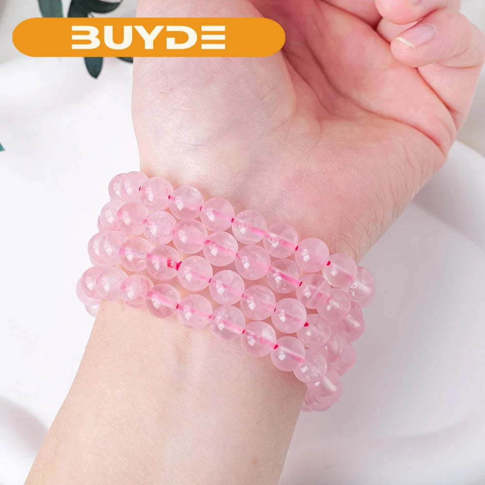 1PC Natural Stone Pink Quartz  Power Crystal Rose Quartz Beaded Bracelets Reiki Healing Energy Strand Bangles Girls Jewelry