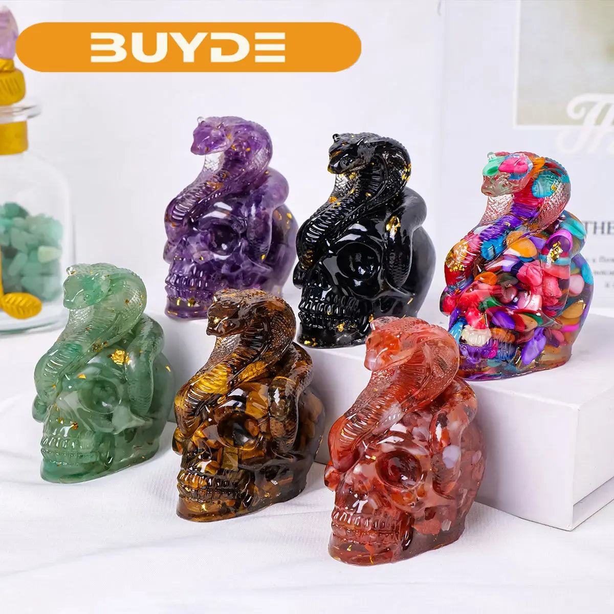 1PC Natural Crystal Gravel Skull Snake Statue Dropper Resin Reiki Stone Easter Gift Fengshui Sculpture Room Home Decoration