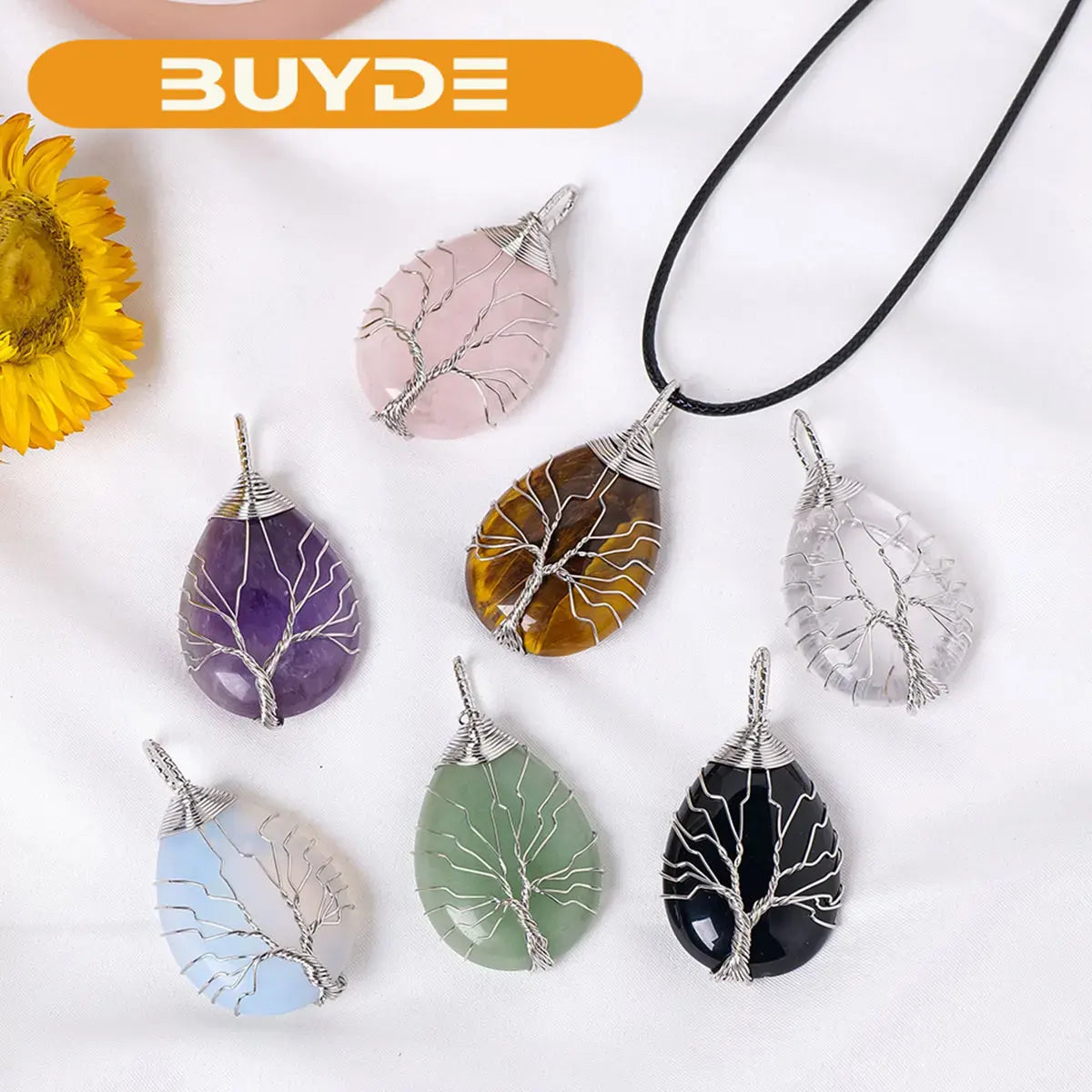 1PC Natural Life Tree Water droplet Shape Pendant Love Shape Energy Necklace jewelry Reiki Beloved Female Mom Mother's Day