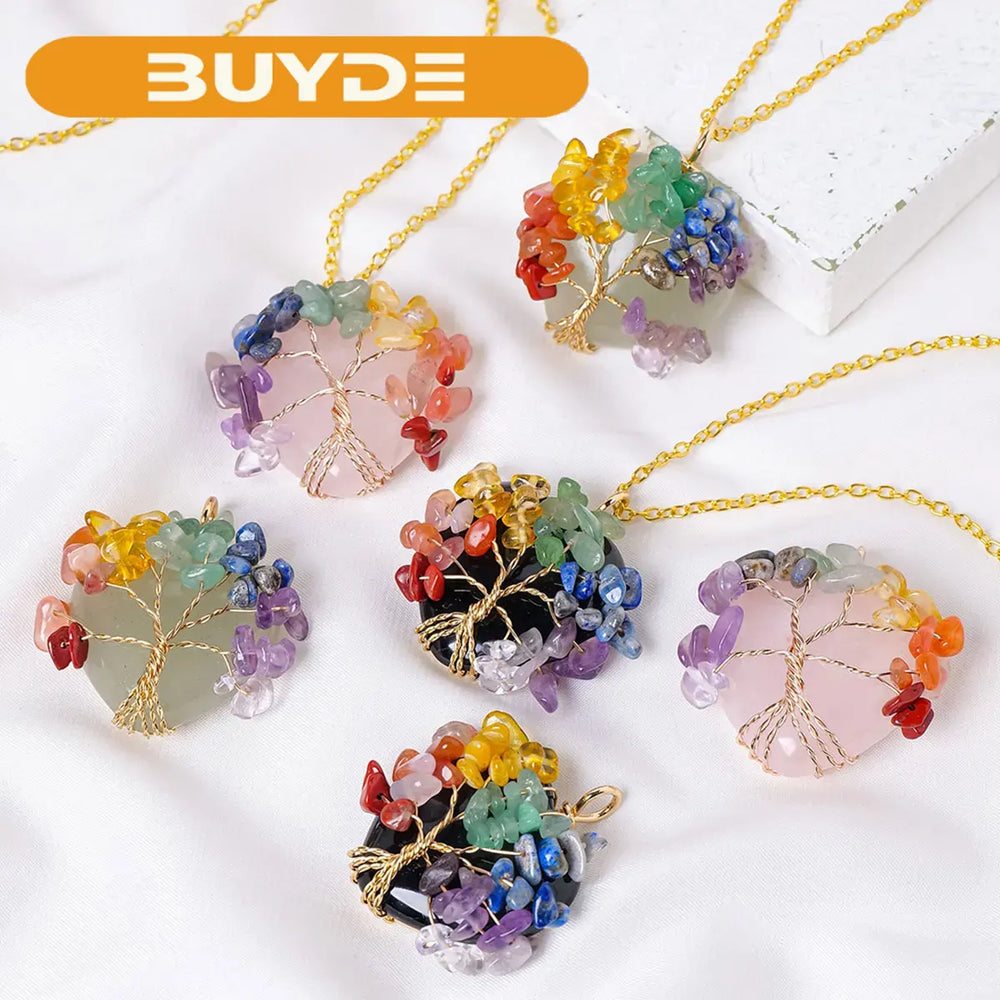 1PC Natural Colorful Life Tree Heart Shape Pendant Love Shape Energy Necklace jewelry Reiki Beloved Female Mom Mother's Day