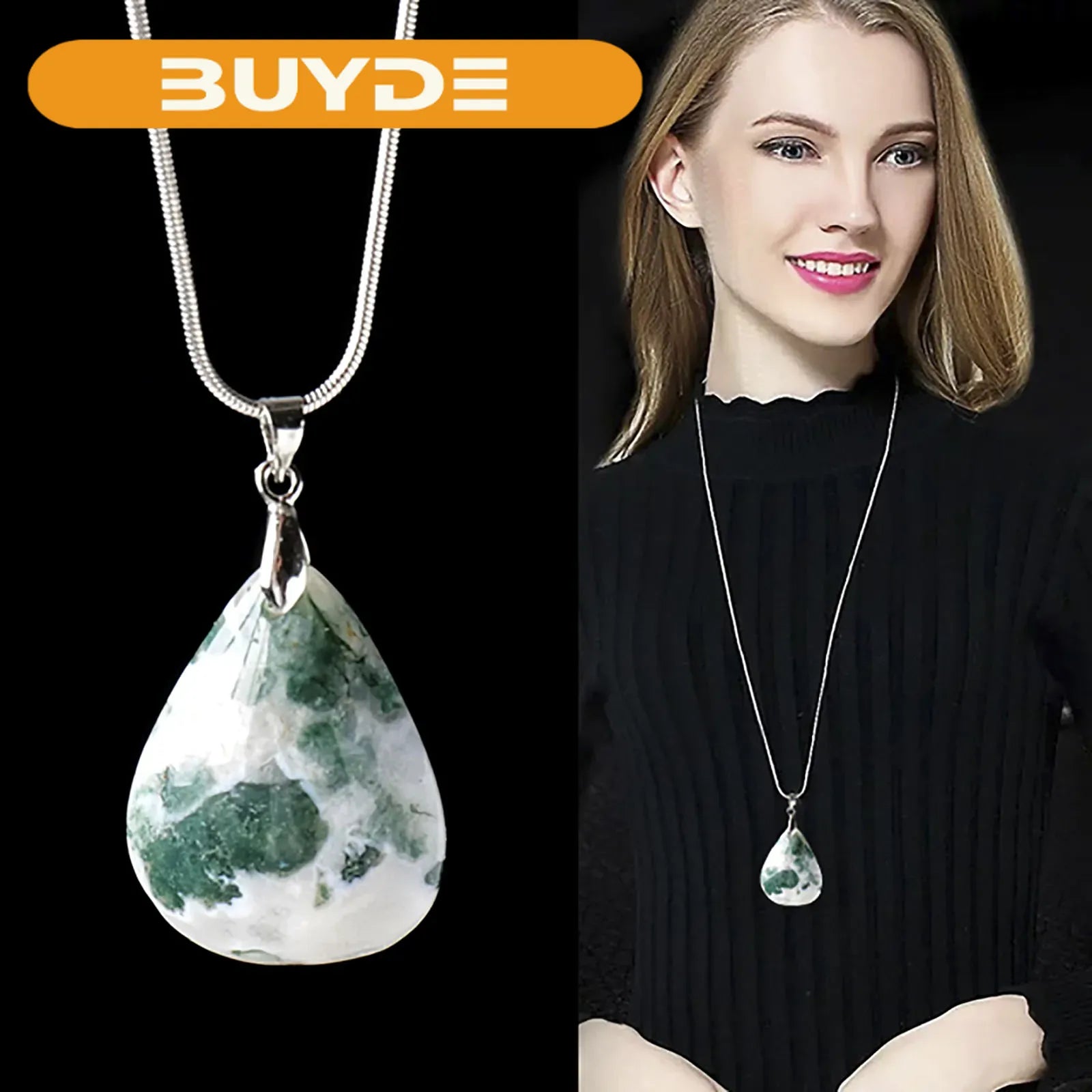 1PC Natural Healing Stone Water Drop Shape Green Moss agate Crystal pendant Women Men Jewelry Necklace Gift