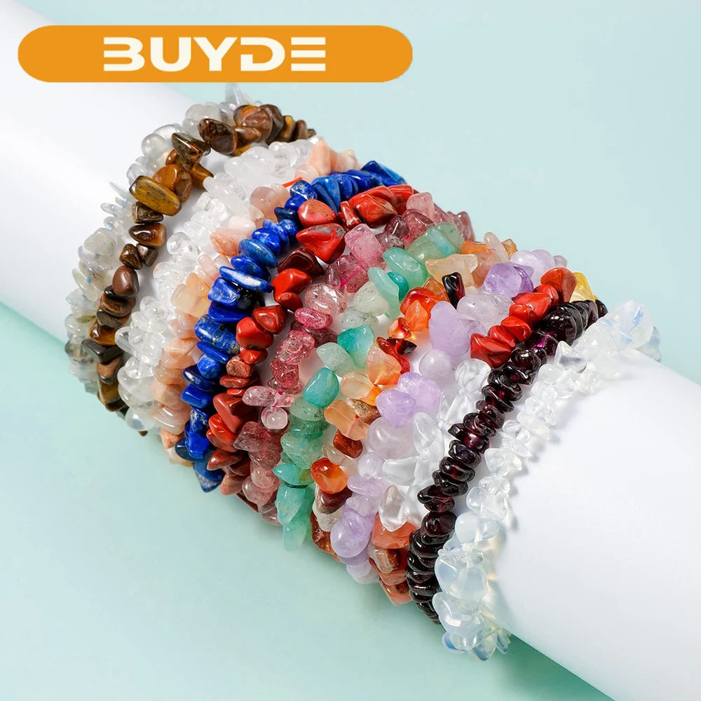 1pc  Natural Gem Crystal Stone Bracelet Gravel Irregular Crystal Stretch Chip beads Nuggets Bangles Quartz Wristband For Women