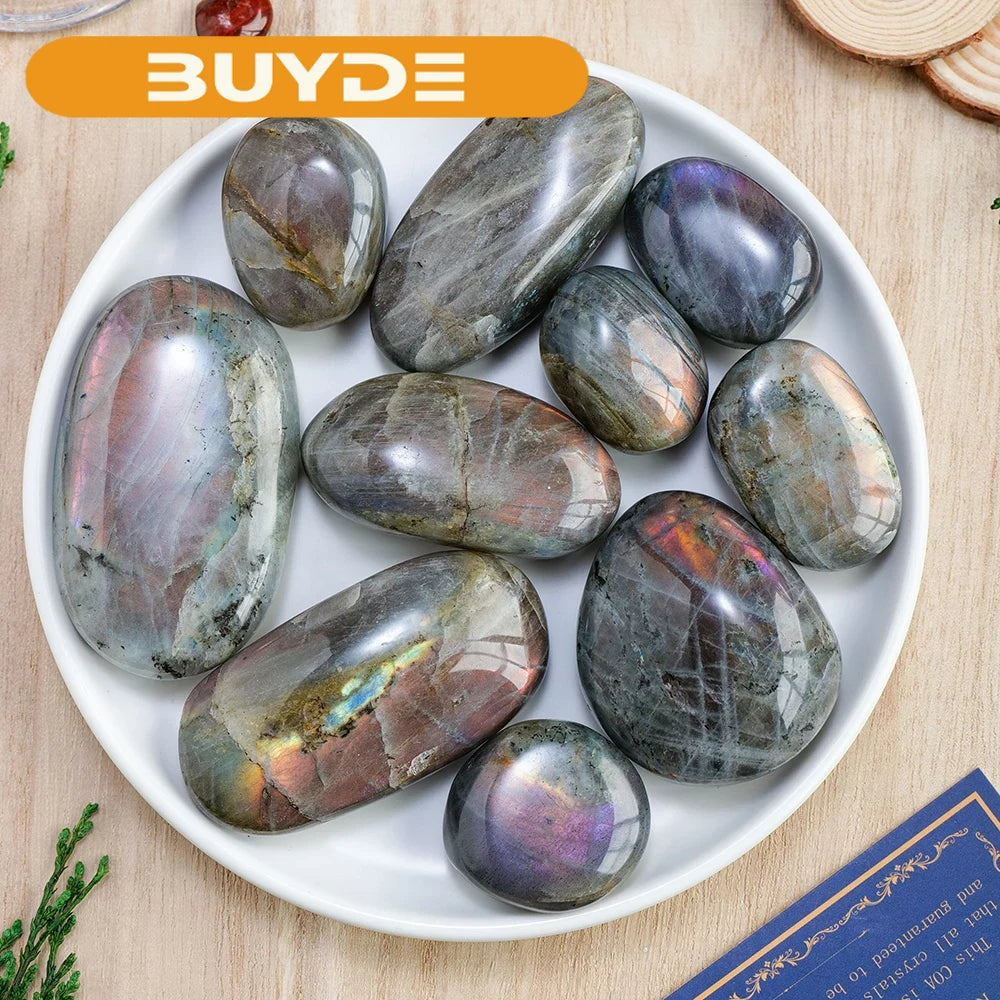 Natural Colourful Labradorite Palm Stone Healing Purple Yellow Flash MoonStone Irregular Mineral Specimens