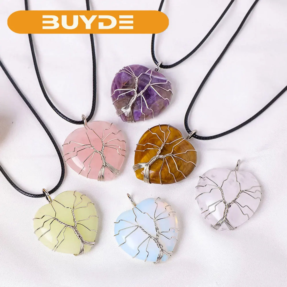 1PC Natural Amethyst Life Tree Heart Shape Pendant Love Shape Energy Necklace jewelry Reiki Beloved Female Mom Mother's Day