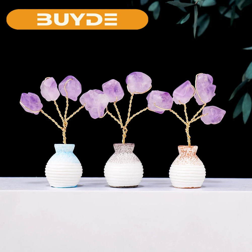 Natural Amethyst Tooth Flower Tree Vase DIY Handmade Mini Fortune Tree Home Desktop Car Decorative Crafts