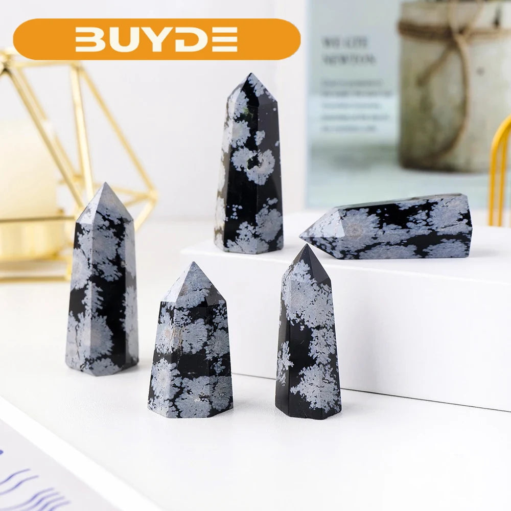 40-60mm Natural Crystal Point Healing Stone Black Snow Obsidian Hexagonal Prisms Obelisk Wand Stone Home Decor 1PC