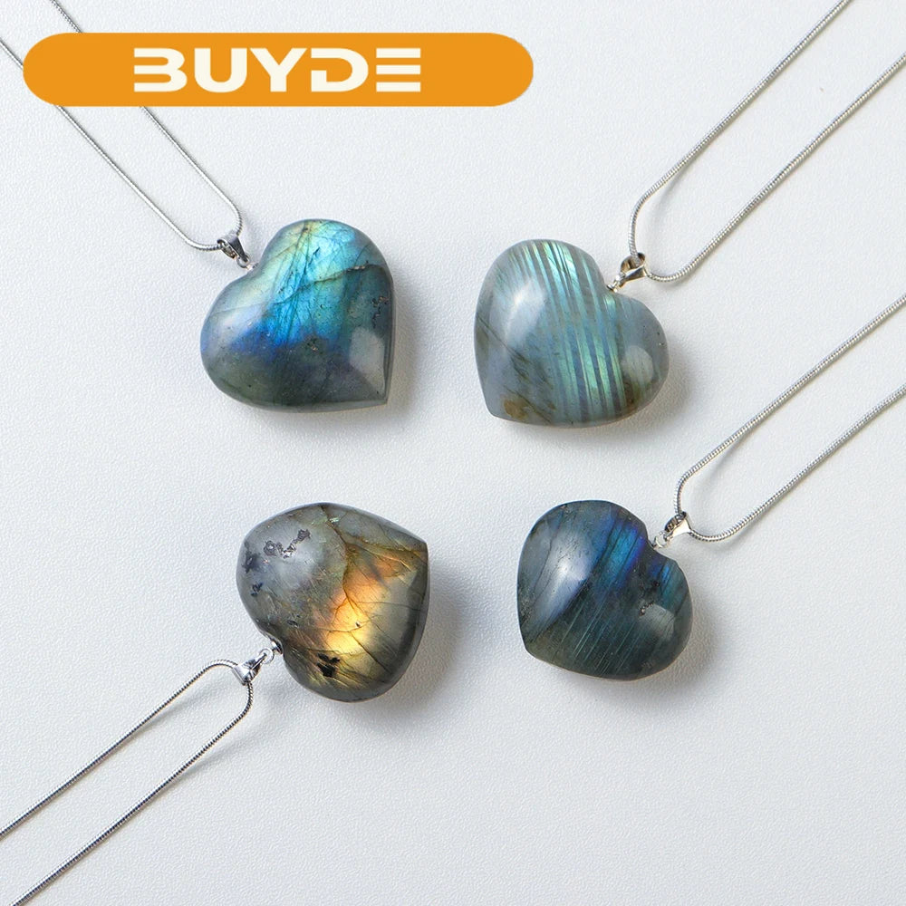 Natural crystal Labradorite Heart Shaped  Rough Polished Pendant Flowing light necklace Crafts Stone Hanging Ornament