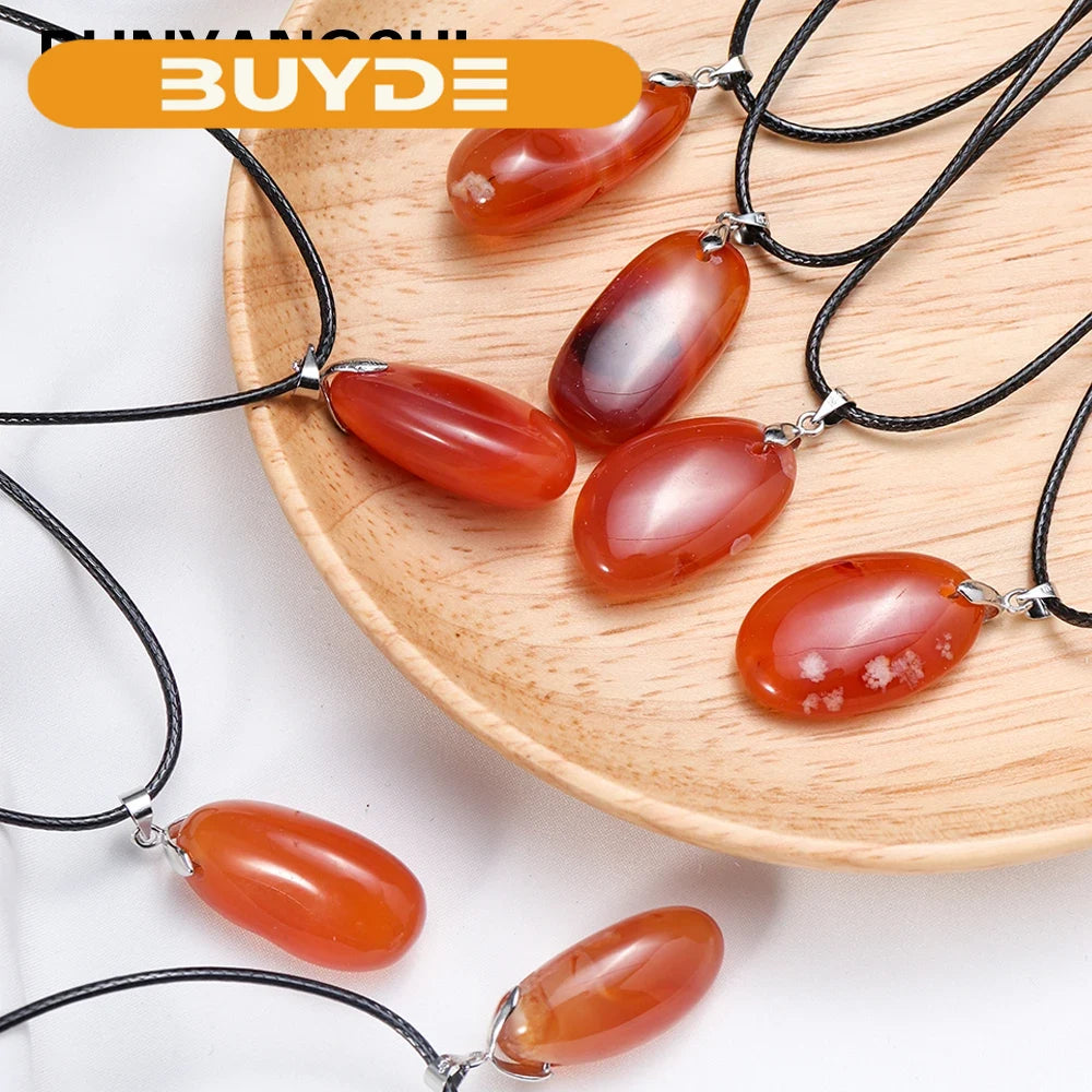 1pc Beautiful Natural Crystal Carnelian Pendant Reiki Red Agate Leather Rope Necklace DIY Jewelry Amulet Gift For Women