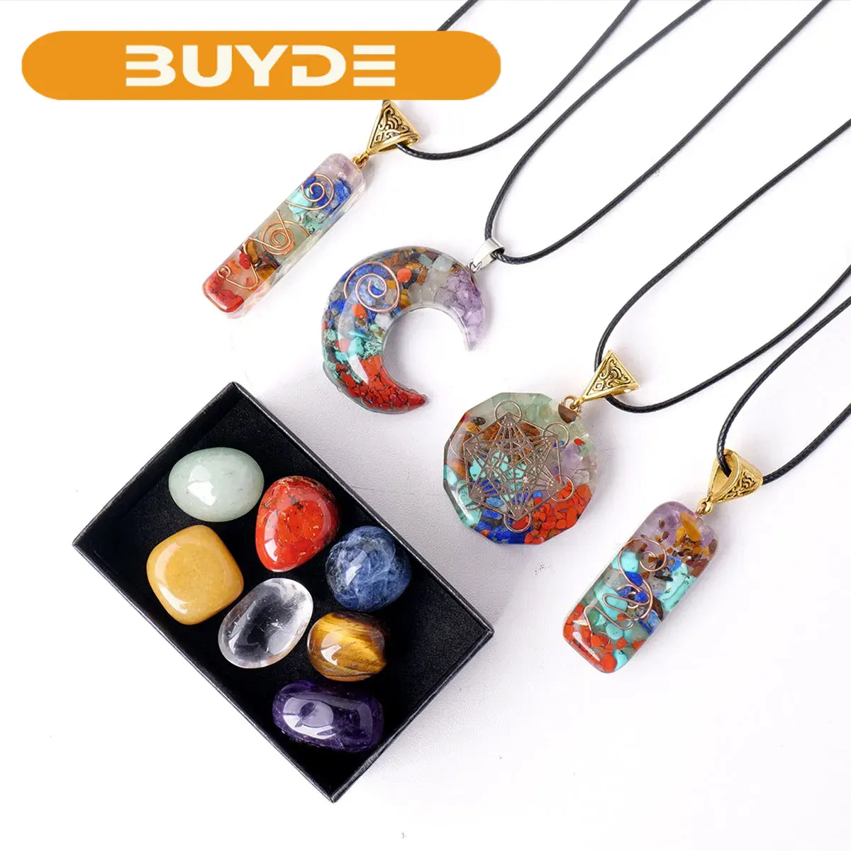 1set Natural Healing Gemstone Seven Chakra Rolling Stone Raw Stone Pendant Yoga Collection Reiki Crystal Crafts With Gifts Box