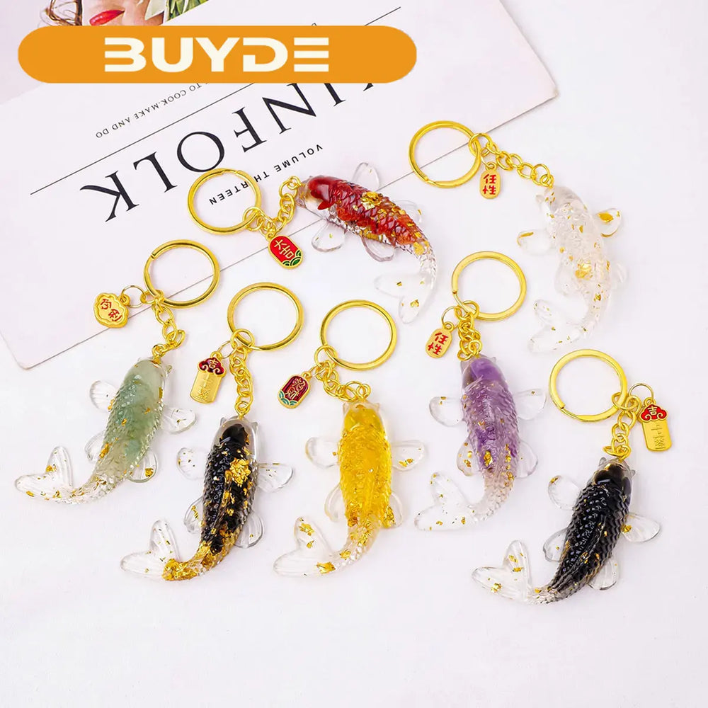 1PC Natural Gem Stone Keychains Dropper Resin Fish Amethyst Key Chain For DIY Car Key Rings Chains