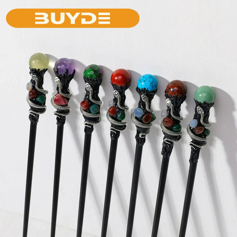 1PC Natural Stones Magic Scepter Crystal Ball Fairy Lucky Divination Tumble Stone Gem Scepter Fairy Magic Stick Decorative Wand