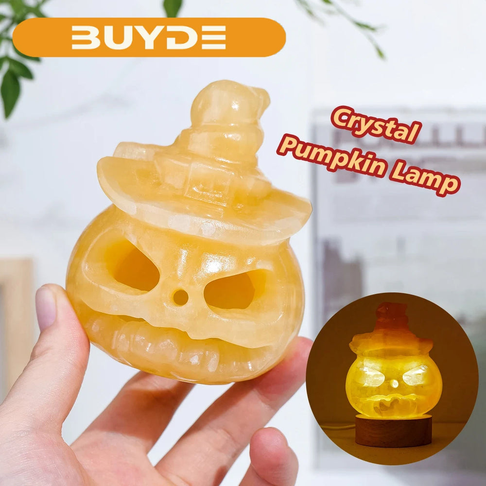 1PC Natural Yellow Calcite Healing Stone Hand Carved Folk Crafts Pumpkin Carving Pumpkin Halloween Crystal Lamp