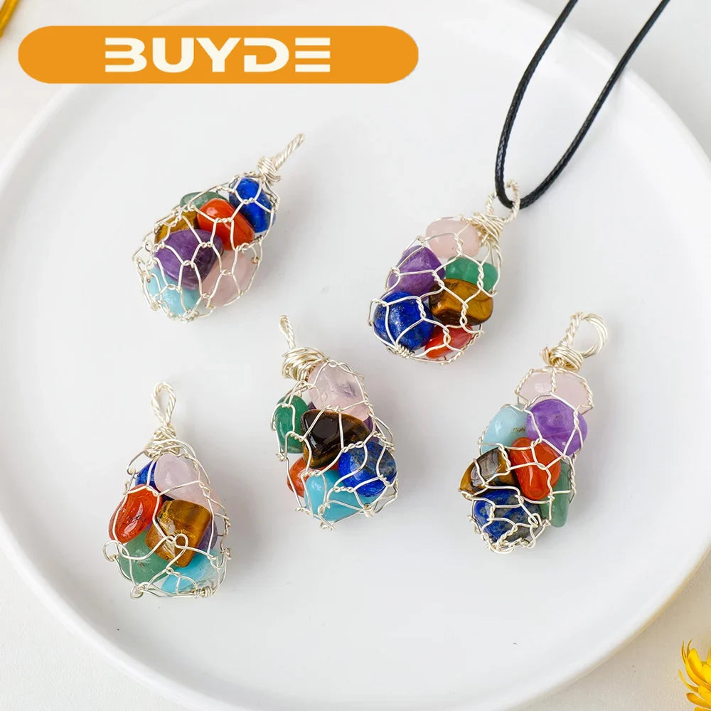 Natural Healing Chips Stone Chakra Crystal Gem DIY Pendant Copper Wire Mesh Bag Necklace Ornament