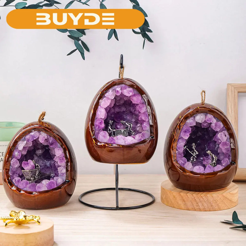 1PC Natural Amethyst Healing Stone Hand Carved Folk Crafts Dinosaur Egg Carving Mine Worker Crystal Lamp